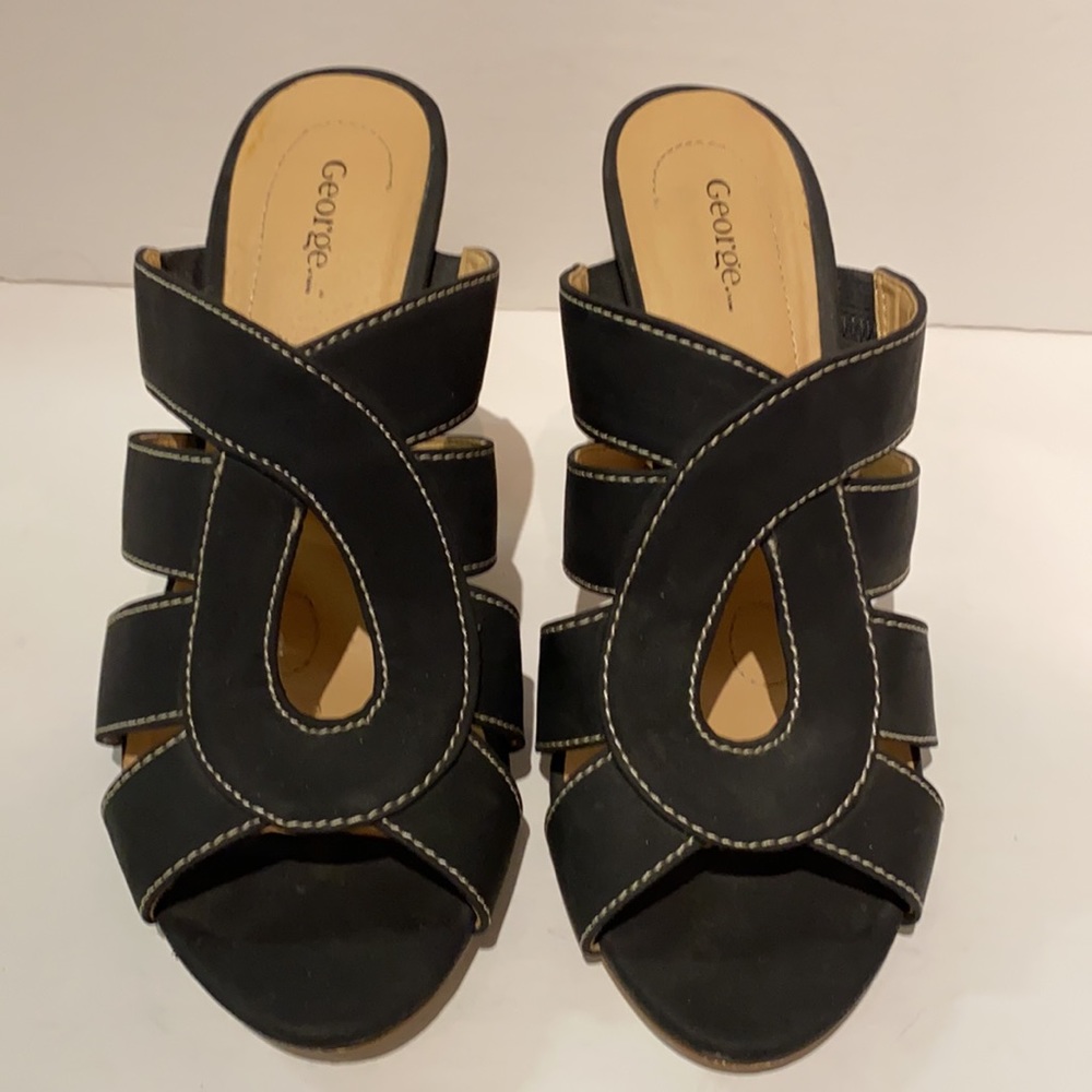 Black Cork Heel Slide Sandals w/ white contrast stitch! Size 8 1/2